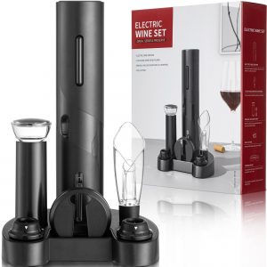 Electric Wine Opener Set (7 Piece Kit, Black), Includes Opener, Manual Vacuum Pump, Tulip-Shaped Aerator / Pourer, Foil Cutter, 2 Wine Stoppers w/ Date Markers & Storage Base by VinFlow