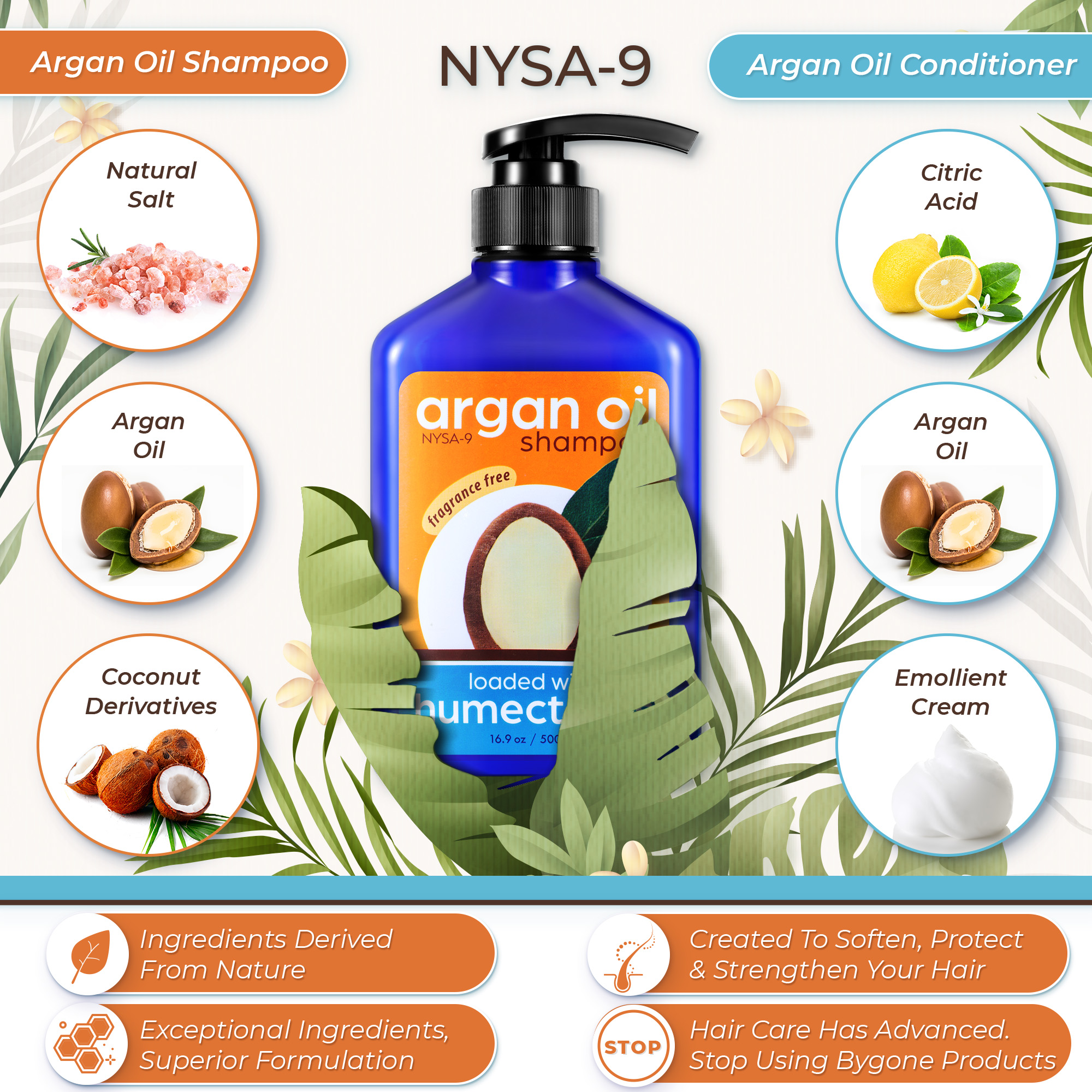 Nysa-9 Moroccan Argan Oil Shampoo and Conditioner Set for Men & Women, Hydrating, Thickening, Anti-Frizz Shampoo & Conditioner for Fine, Curly, Dry, Damaged & Color-Treated Hair (16.9 fl oz ea) - Image 2