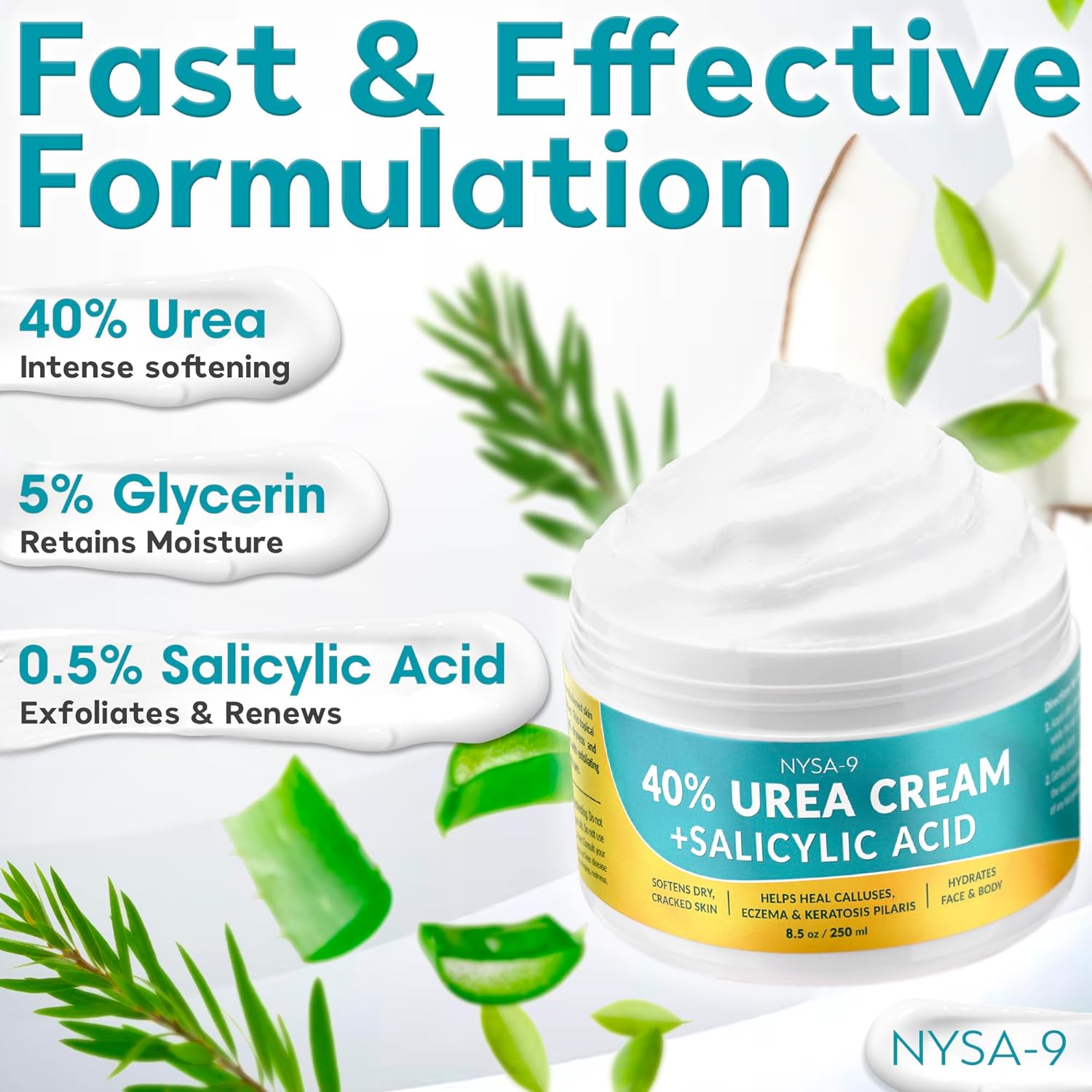 Ultra-Hydrating 40% Urea Foot Cream 250 ml/8.5oz Plus 0.5% Salicylic Acid for Dry, Cracked Feet, Heels & Hands, Intensive Moisturizer & Skin Barrier Repair for Calluses & Psoriasis by Nysa-9 - Image 6